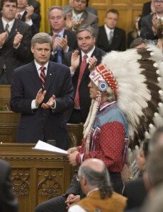 Prime Minister Stephen Harper and Assembly of First Nations Chief Phil Fontaine in the House of Commons during the government's residential schools apology in June 2008 (Photo by Jason Ransom, courtesy the Prime Minister's Office).